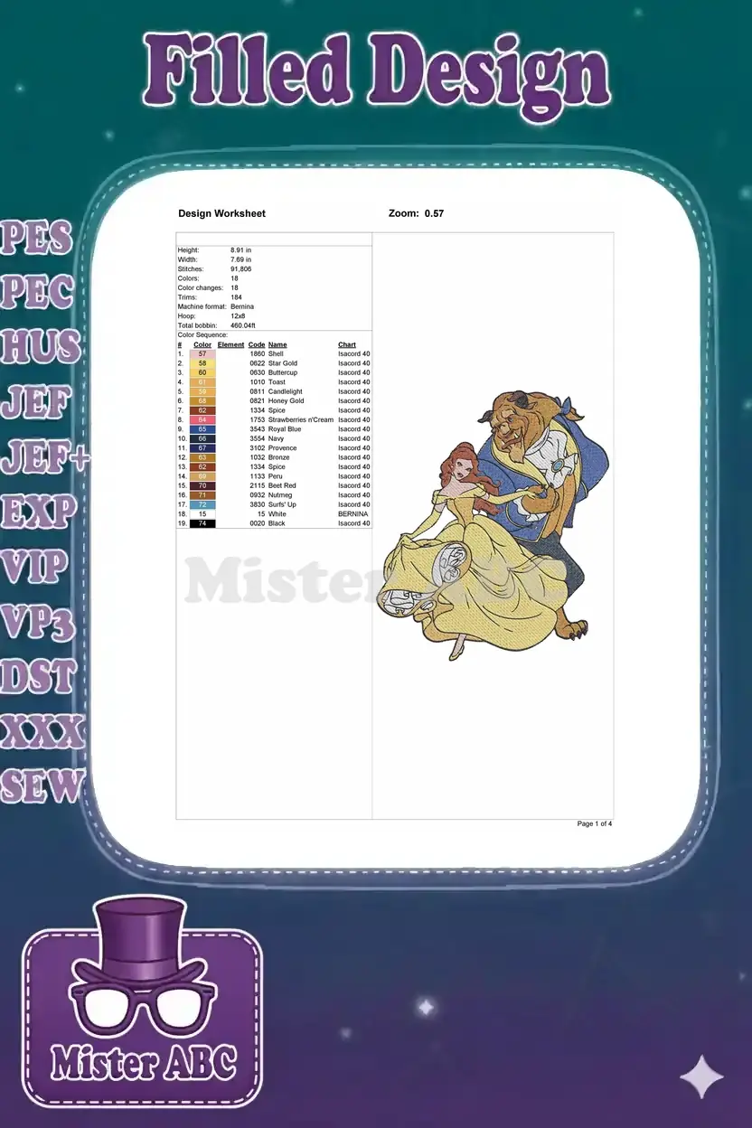 Embroidery design worksheet detailing dimensions, stitch count, color sequence, and thread information for the Belle & Beast design.