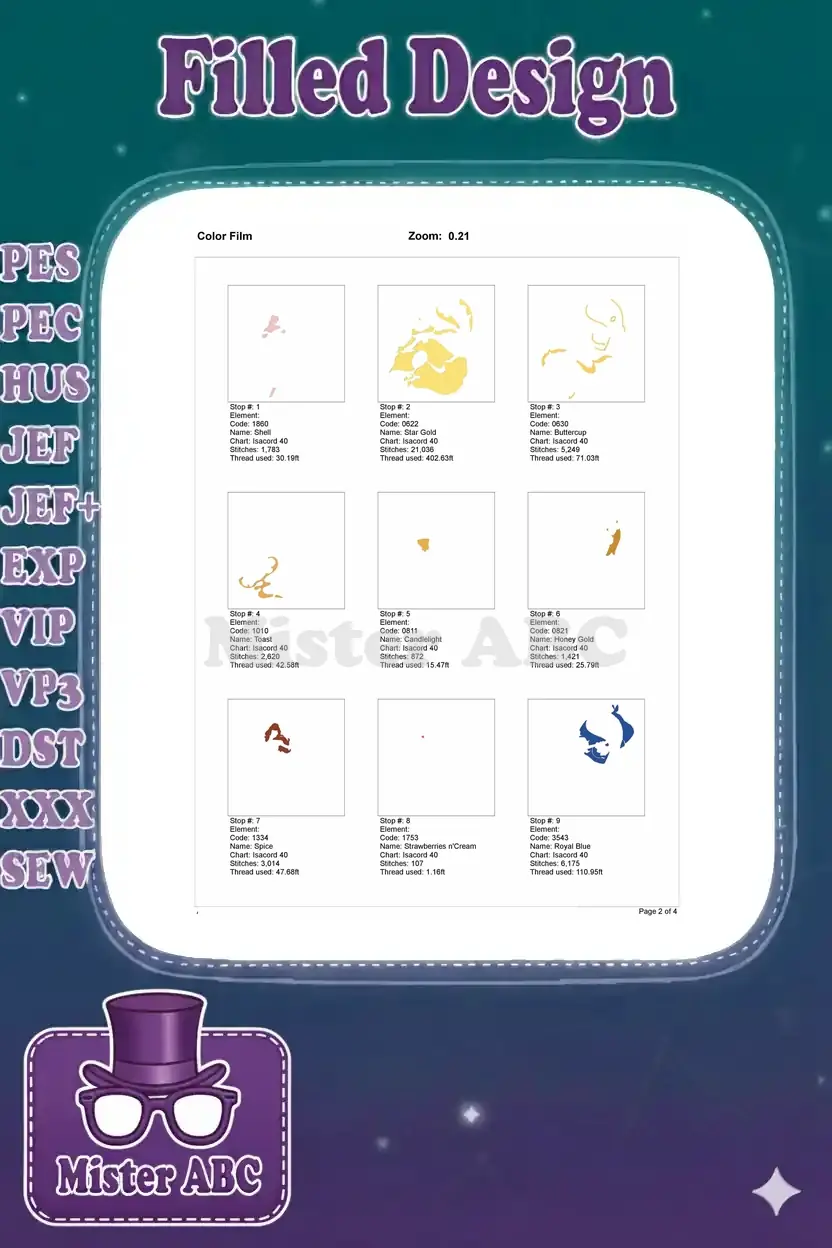 First page of the color film document, displaying initial color stops and individual stitched elements of the design.