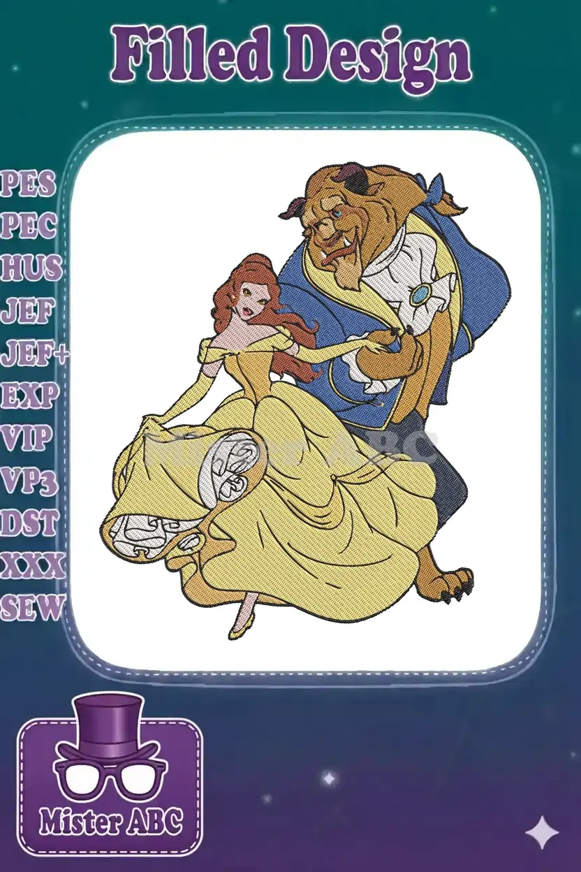Belle and the Beast in a beautiful, dynamic dance pose, showcasing intricate machine embroidery with vibrant threads.