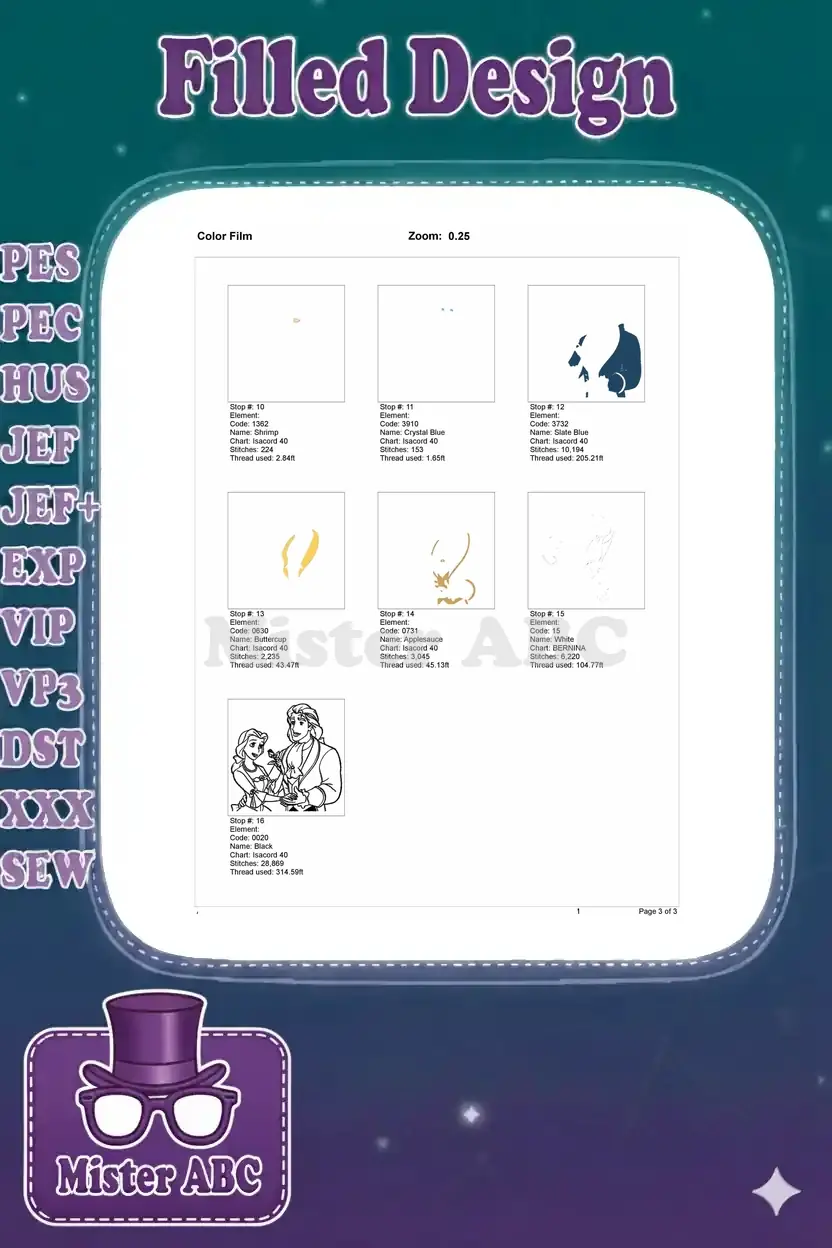 Color film breakdown of the embroidery design, showing the final seven color stops and stitch details.