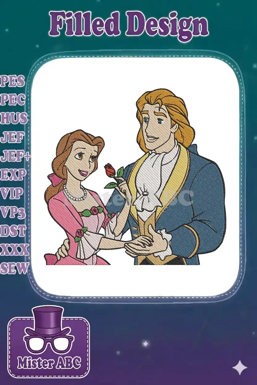 Belle and Prince Adam embrace, with the Prince offering a red rose, showcasing a beautiful embroidery design.