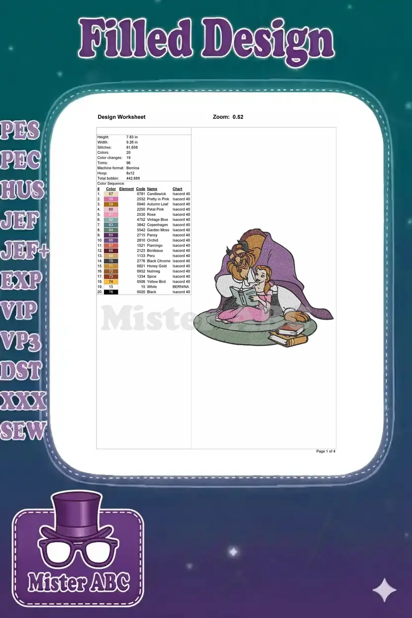 Embroidery design worksheet detailing dimensions, stitch count, color chart, and machine format.