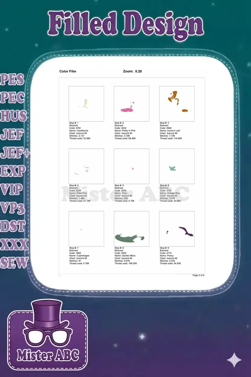 Color film showing the first nine individual thread color stop stitch-outs for the embroidery design.