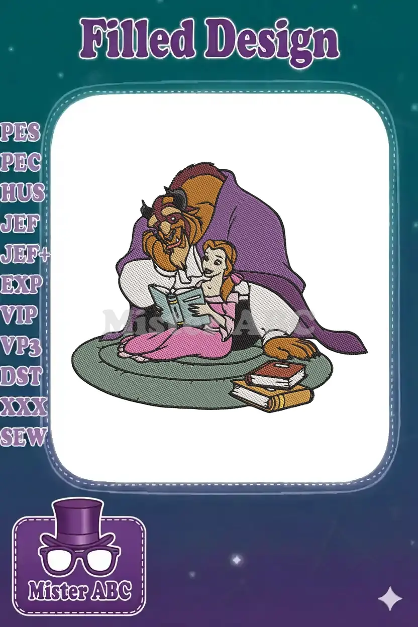 Belle and the Beast embroidery design, showing them reading together on a cushion with books.