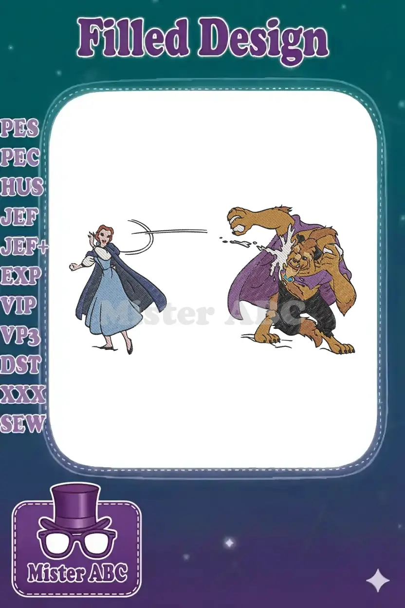 Dynamic embroidery design of Belle and Beast from Disney's classic, capturing a dramatic, emotional moment.