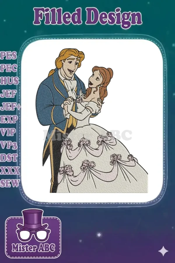 Elegant embroidery design of Belle in a white gown and Prince Adam in a blue suit, dancing gracefully.
