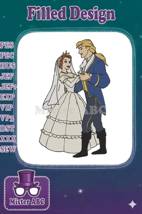 Enchanting embroidery design featuring Belle and Prince Adam dancing in elegant wedding attire, perfect for romantic projects.