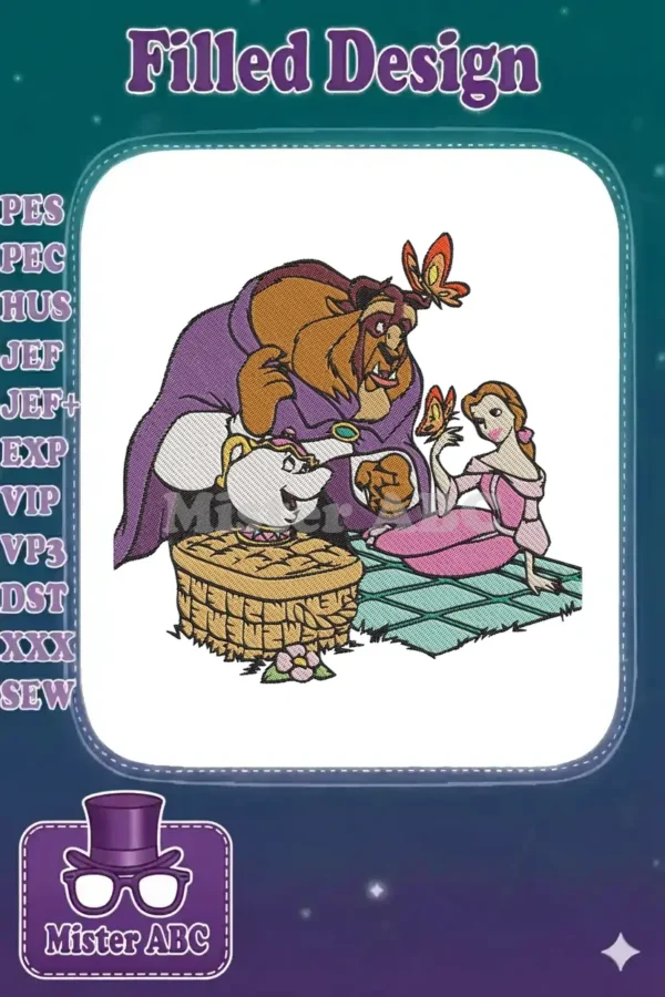 Beauty and the Beast embroidery design featuring Belle and Beast with Mrs. Potts and butterflies in a whimsical scene.