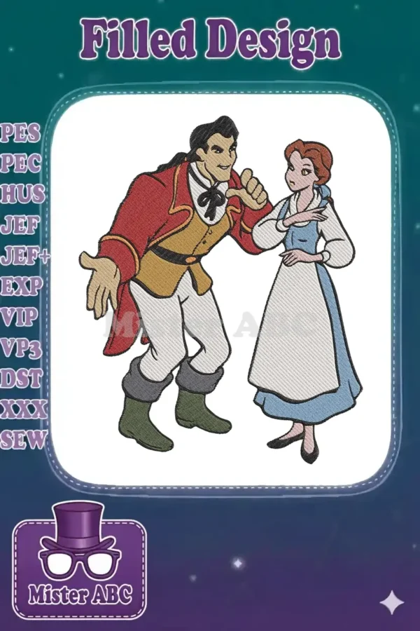 Detailed embroidery design of Gaston in his red coat and Belle in her blue dress, from Beauty and the Beast.
