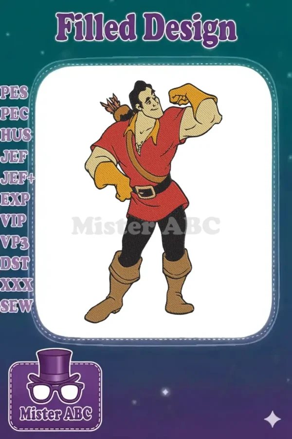 A vibrant embroidery design of Gaston from Beauty and the Beast, flexing his bicep with a confident smirk.