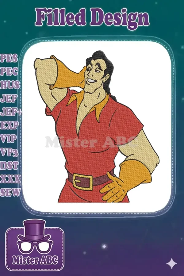 Detailed embroidery design of Gaston from Beauty and the Beast, flexing his arm with a confident smirk.