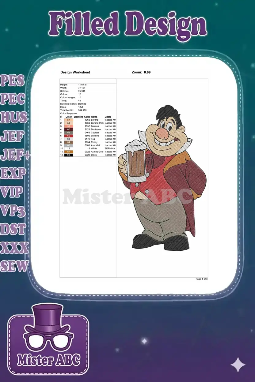 An embroidery design worksheet detailing LeFou's design dimensions, stitch count, color sequence, and thread types.