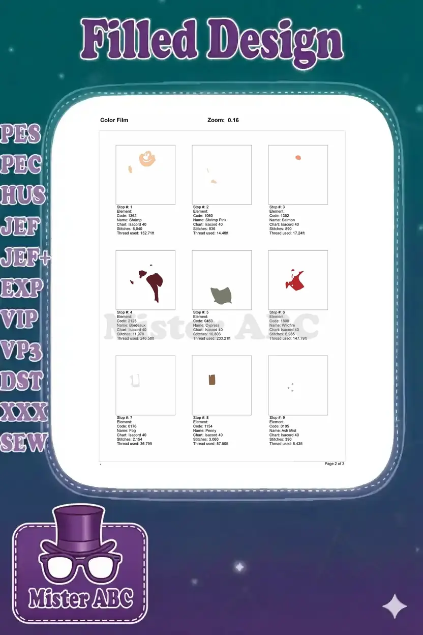 The first page of the color film document, illustrating the initial embroidery stitch stops for the LeFou design.