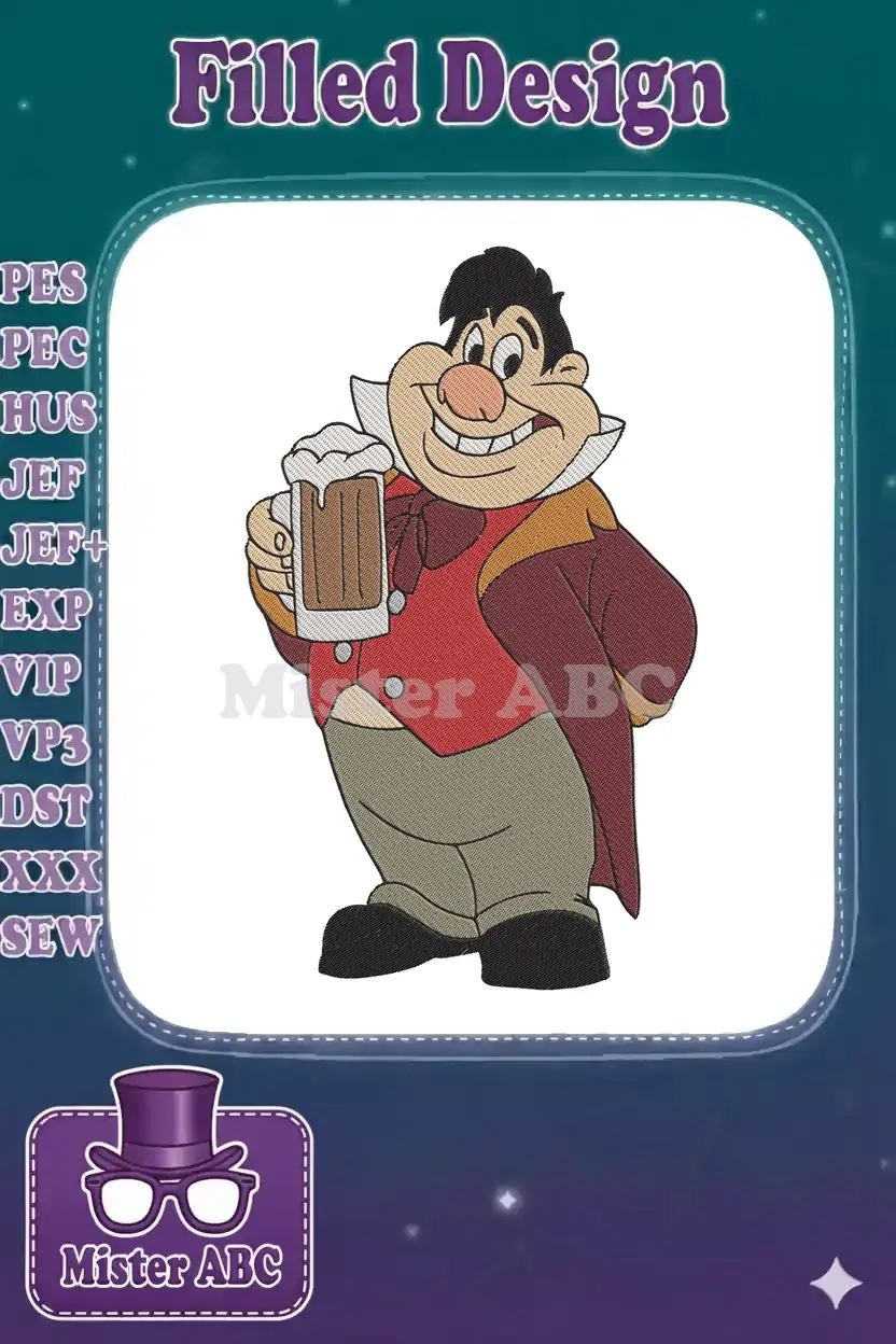 A colorful embroidery design of LeFou, the portly character from Beauty and the Beast, happily toasting with a beer mug.