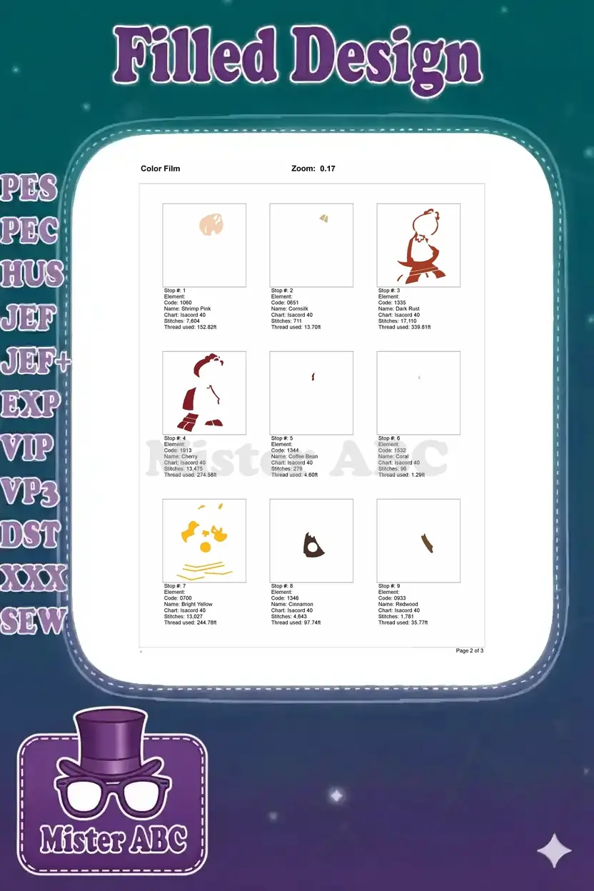 The first part of the color film for the Cogsworth embroidery, illustrating the stitching sequence for the initial nine colors.