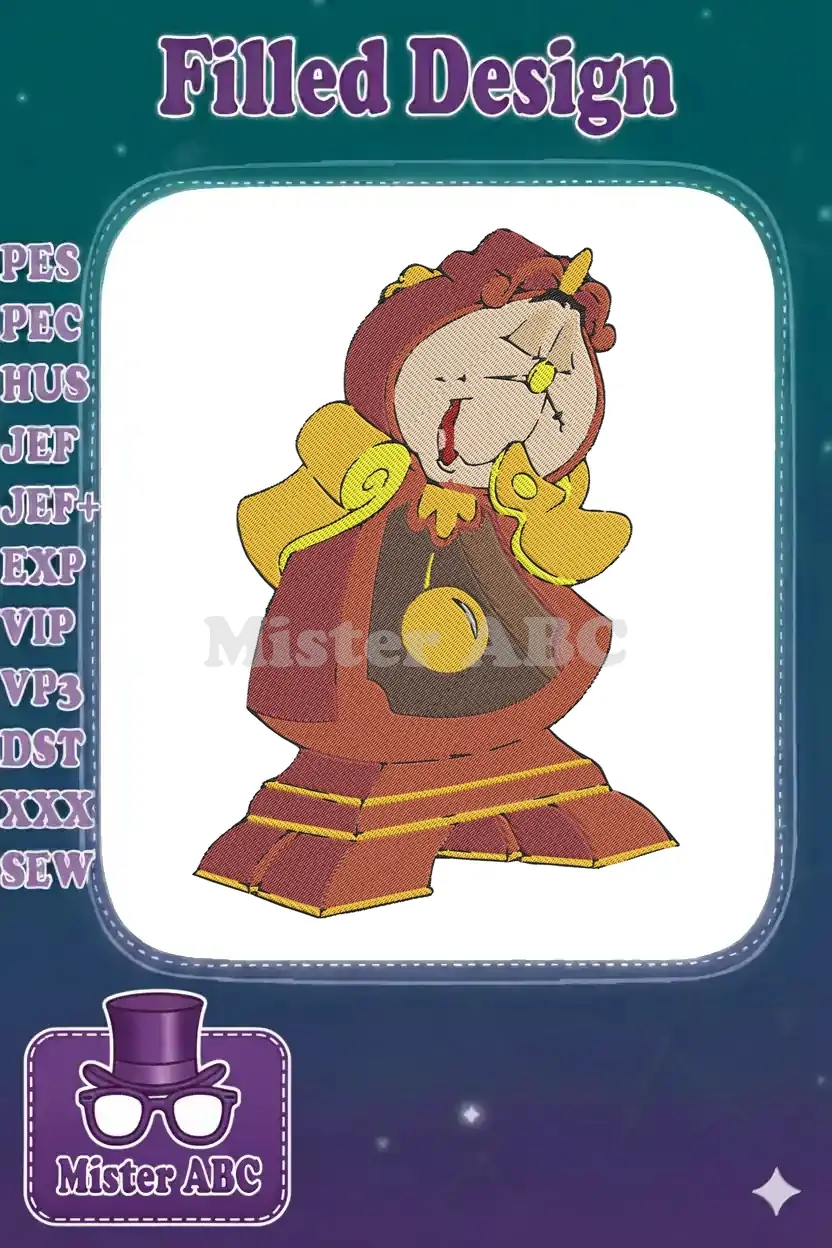 A detailed machine embroidery design of Cogsworth, the classic animated clock character from Disney's Beauty and the Beast.