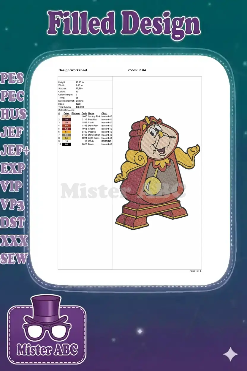 Embroidery design worksheet for Cogsworth, showing dimensions, stitch count, color changes, and thread chart details.