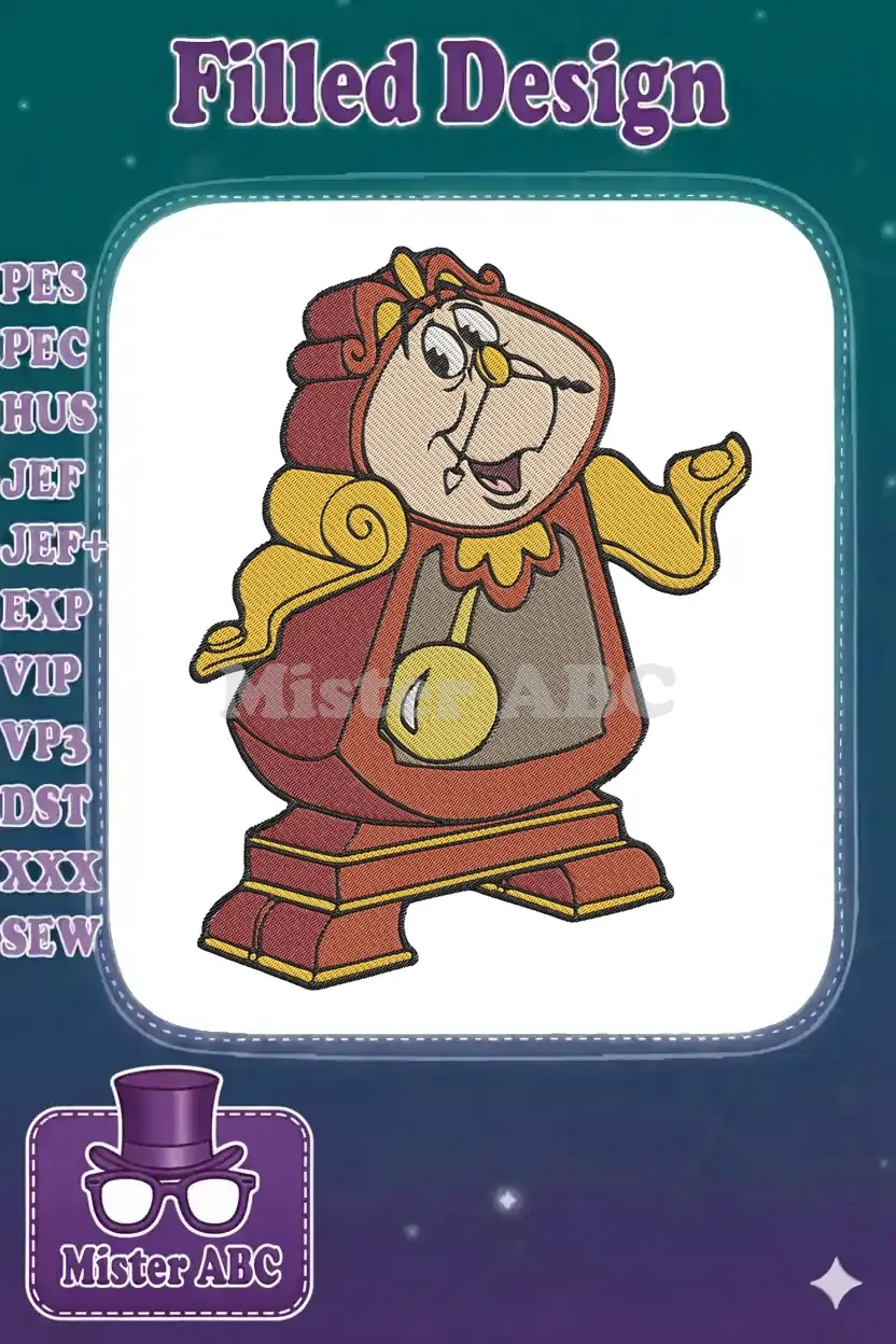 Full-color embroidery design of Cogsworth, the animated clock from Disney's Beauty and the Beast, standing proudly.