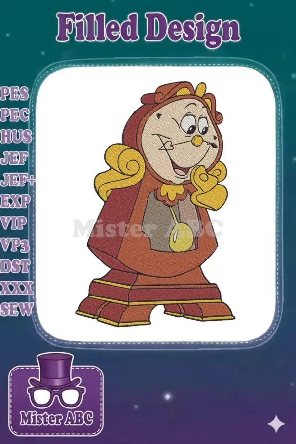 A delightful embroidery design of Cogsworth, the animated clock from Disney's Beauty and the Beast, in vibrant colors.
