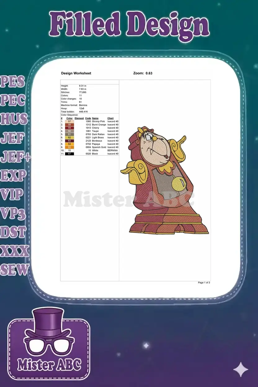 Embroidery design worksheet for Cogsworth, detailing dimensions, stitch count, color palette, and thread types.