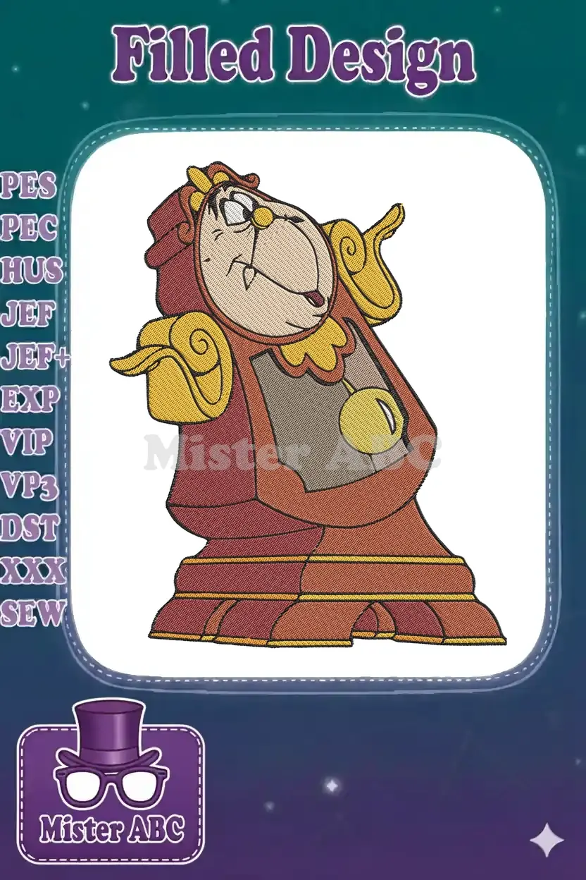Detailed embroidery design of Cogsworth, the anthropomorphic clock from Disney's Beauty and the Beast character.