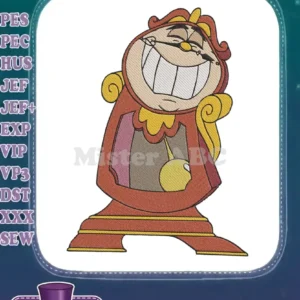 A detailed embroidery design of Cogsworth, the smiling clock from Disney's Beauty and the Beast, on a white background.