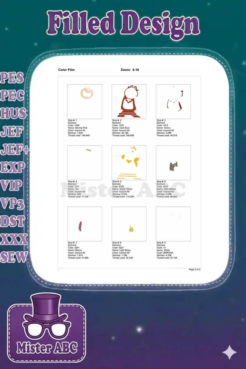 Color film page showing the first nine individual stitch stops and thread details for the Cogsworth design.