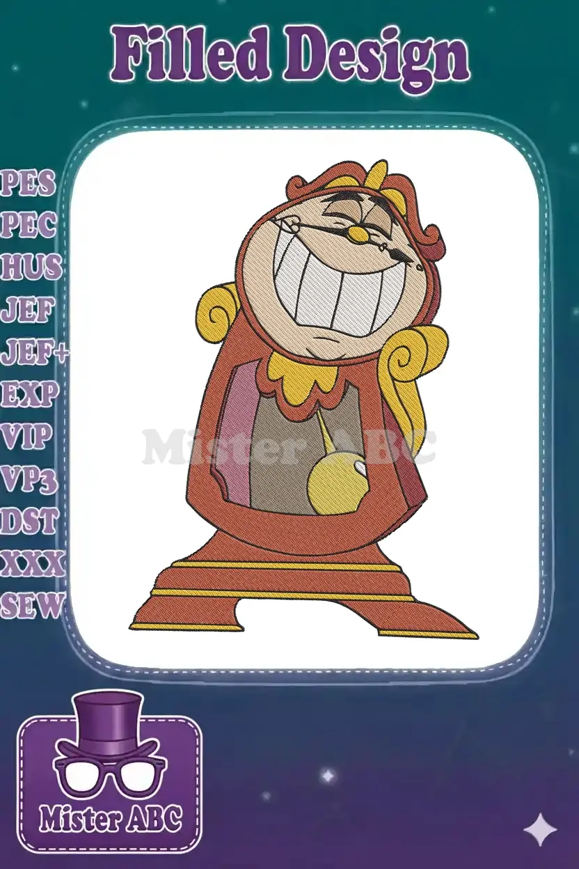 A detailed embroidery design of Cogsworth, the smiling clock from Disney's Beauty and the Beast, on a white background.