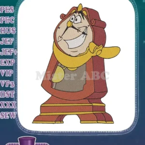Vibrant Cogsworth embroidery design, showing the charming Disney character with a wide smile and intricate details.