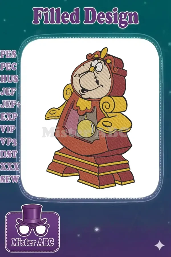 Detailed embroidery design of Cogsworth, the animated clock character from Disney's Beauty and the Beast.