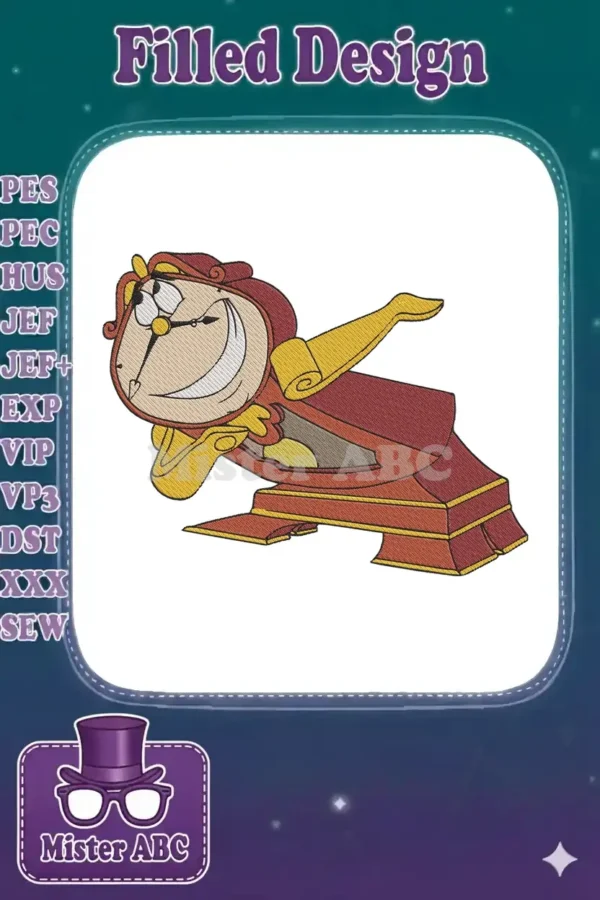 Detailed embroidery design of Cogsworth from Beauty and the Beast, striking a playful dabbing pose, vibrant colors.