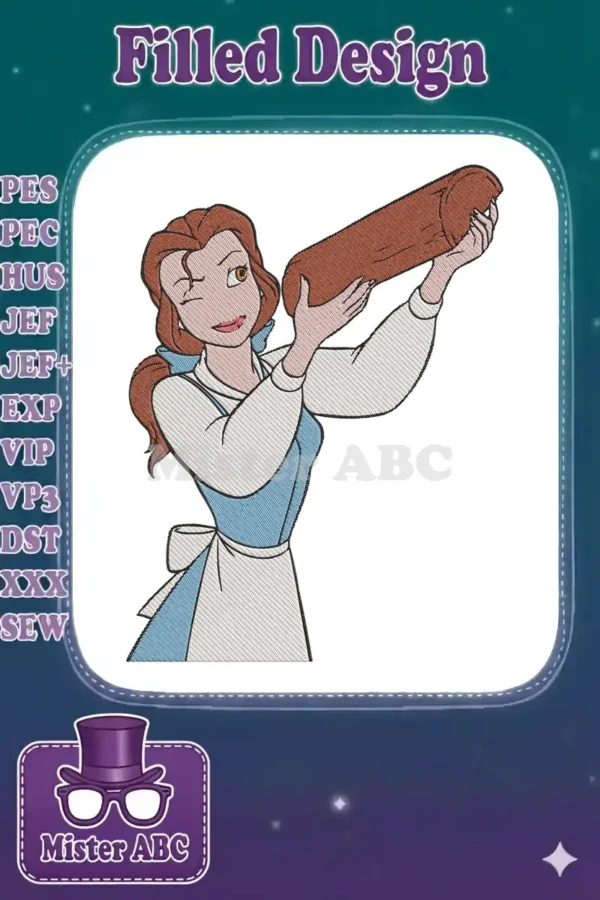 Delightful Belle embroidery design, winking playfully and holding a large log, showcasing intricate stitch details on fabric.