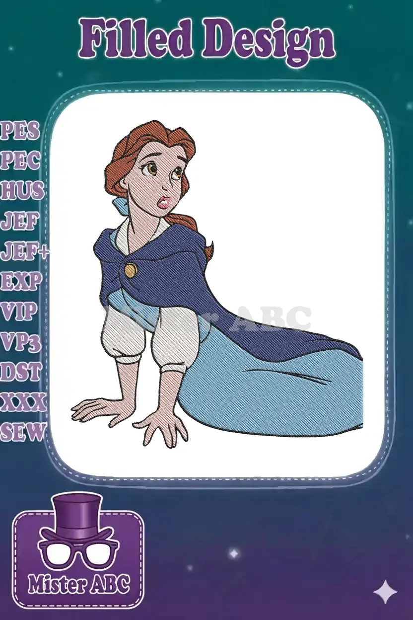 Digital embroidery design of Belle from Beauty and the Beast, in her blue village dress, looking thoughtful.