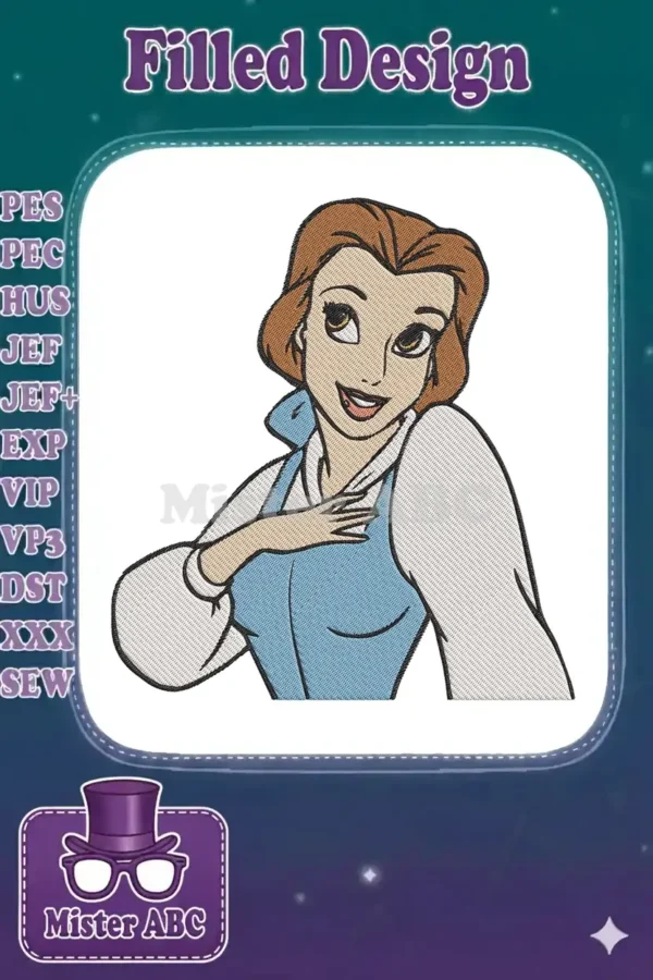 Exquisite Belle embroidery design, featuring the beloved Disney princess in her classic blue village attire, smiling gently.