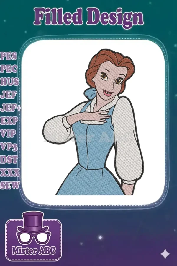 Embroidery design of Belle from Beauty and the Beast in her blue village dress, looking charmingly to the right.