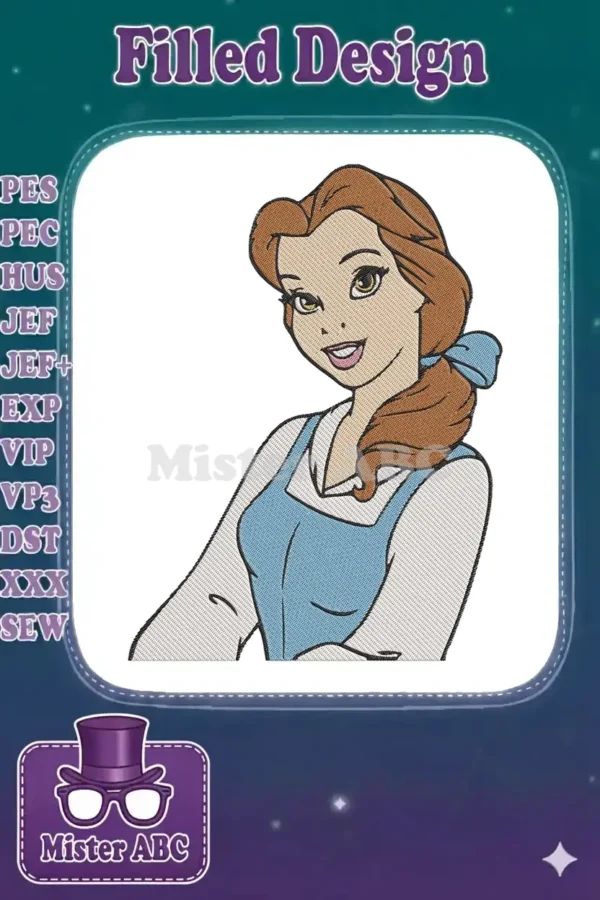 Close-up of a charming Belle embroidery design, featuring her iconic blue dress and a warm, welcoming smile.