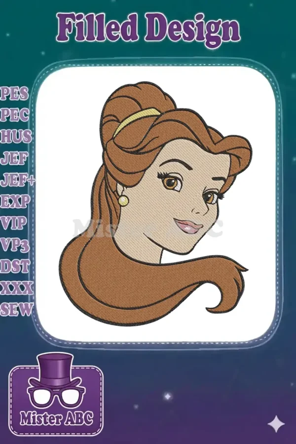 Close-up of Belle's head from Beauty and the Beast, an elegant embroidery design with rich brown hair and warm skin tones.
