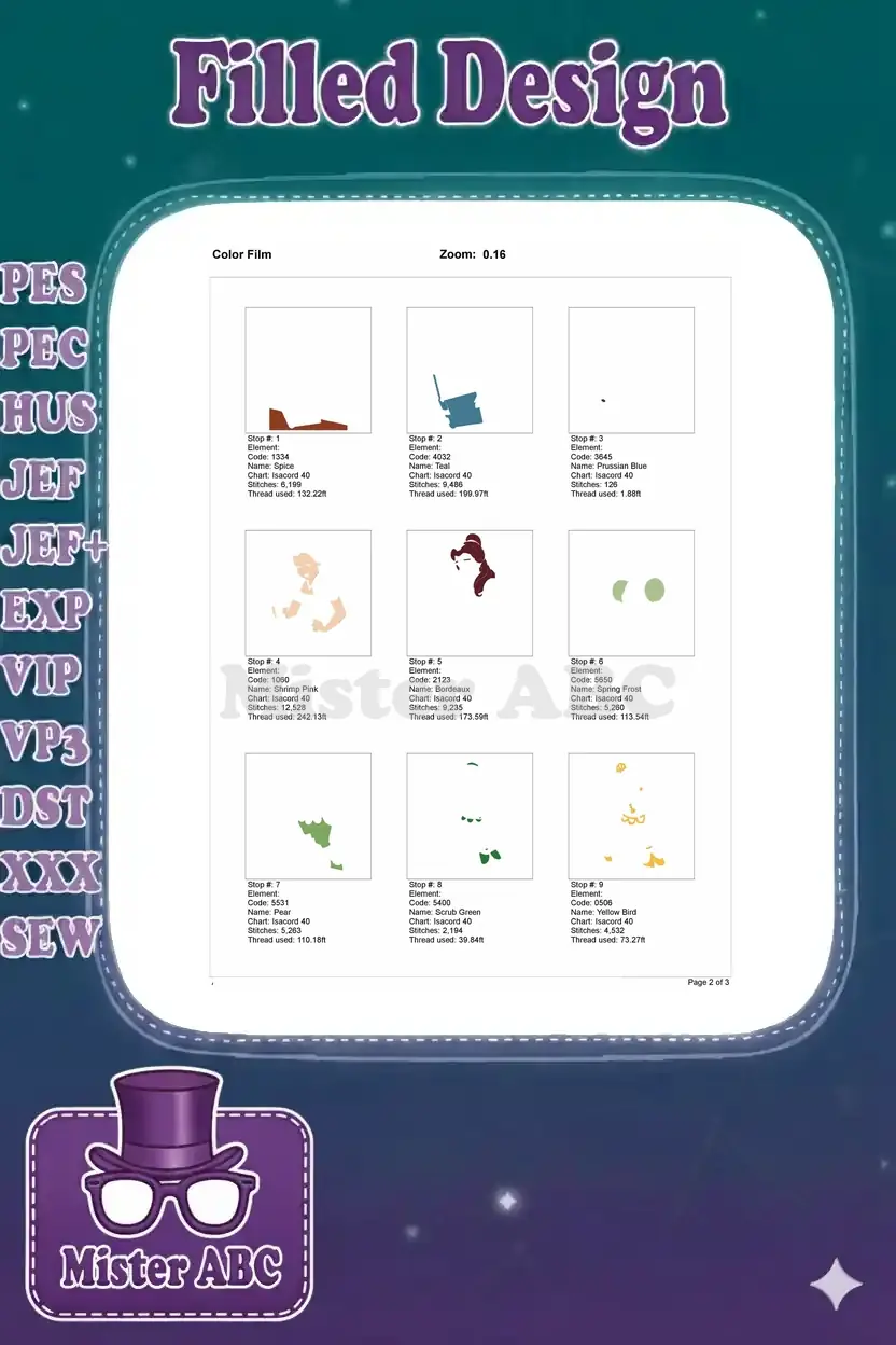 First page of the color film for the Belle embroidery, detailing initial stitch elements and thread usage.