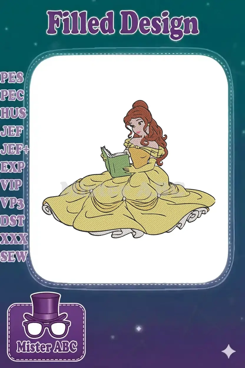 Full-color embroidery design of Princess Belle from Beauty and the Beast, elegantly reading a book.