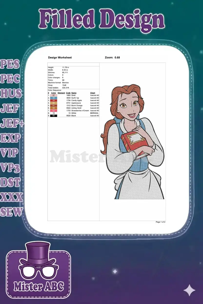 Detailed embroidery design worksheet for Belle, showing stitch count, dimensions, color sequence, and thread types.