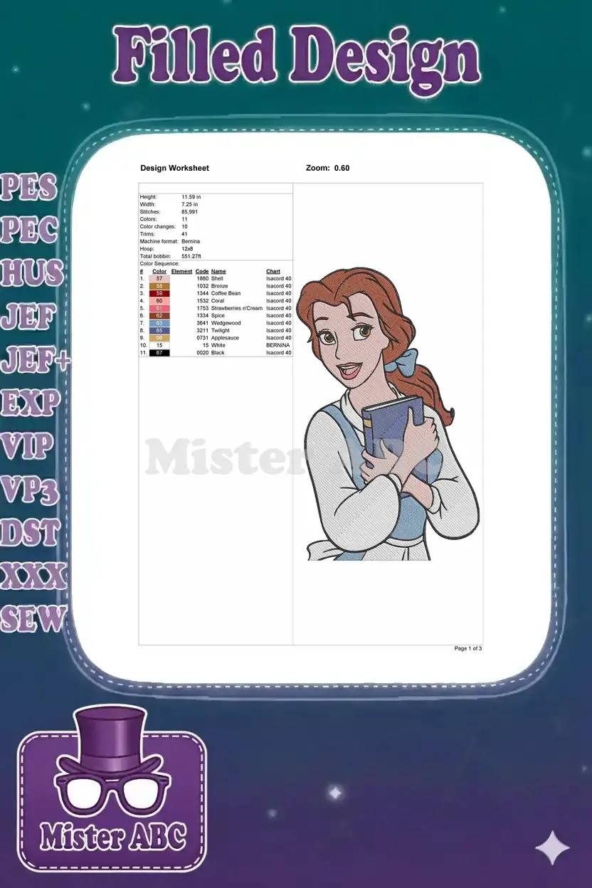 An embroidery design worksheet for Belle, detailing dimensions, stitch count, colors, and thread chart.