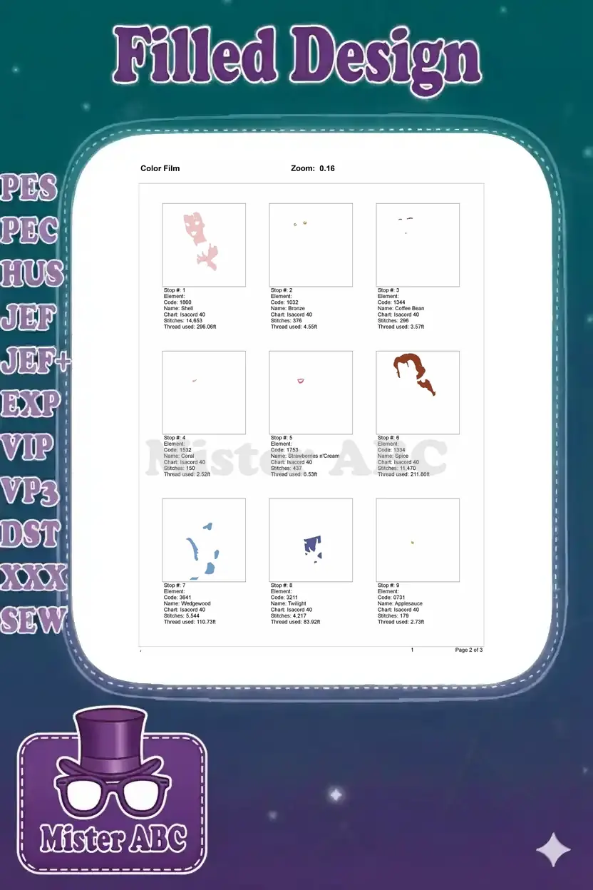 Color film page 1 of 3 showing individual stitch elements for the first nine colors of the Belle design.