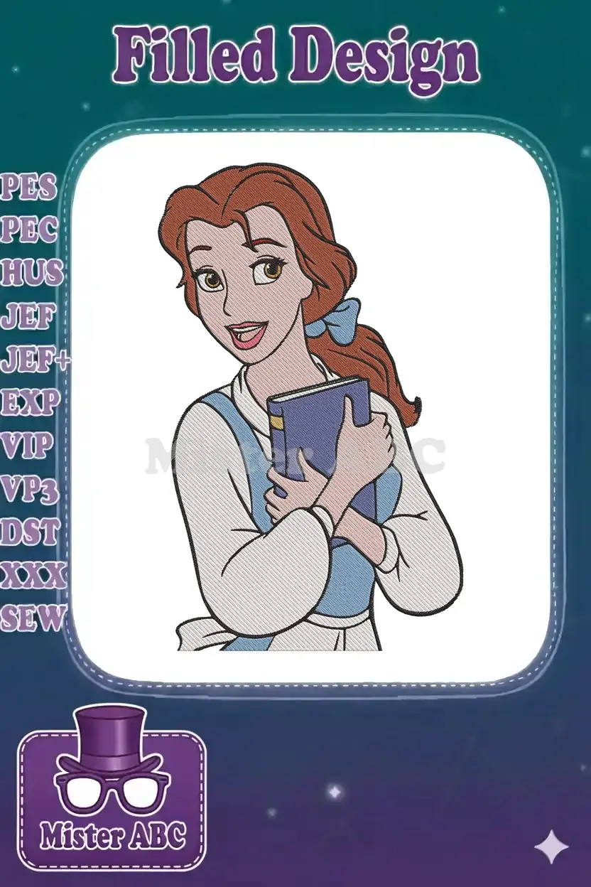 A beautiful embroidery design of Disney's Belle from Beauty and the Beast, smiling and holding a book.