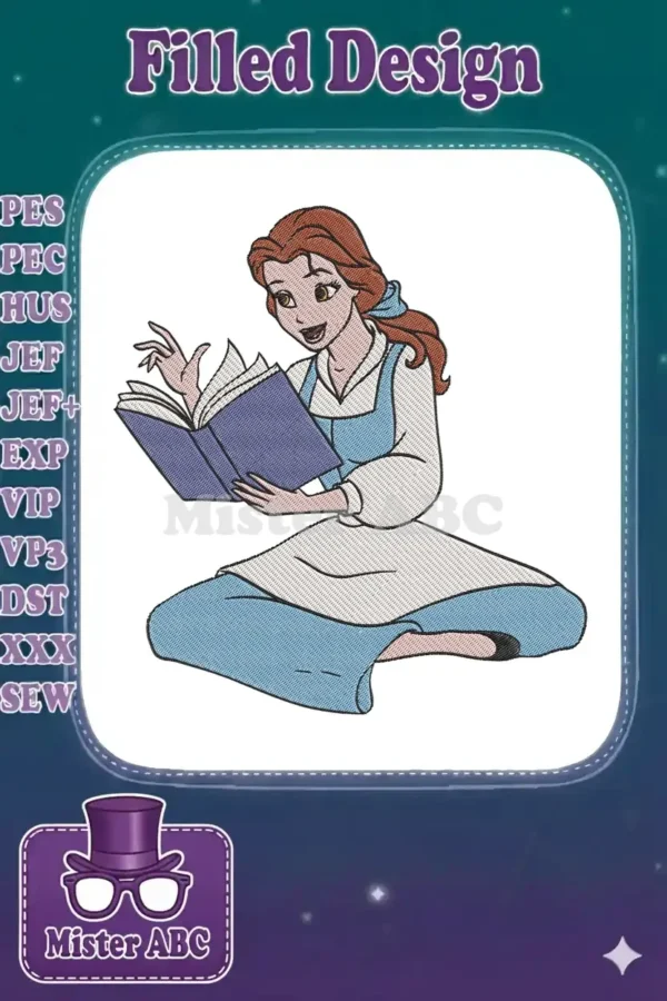 An exquisite embroidery design featuring Belle from Beauty and the Beast, sitting and engrossed in a book. Captures her iconic look beautifully.