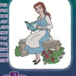 Beautiful Belle reading storybook on stone bench embroidery designs - Instant Download
