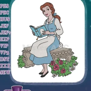 Enchanting Belle embroidery design, featuring the beloved princess in her blue dress, engrossed in a book.
