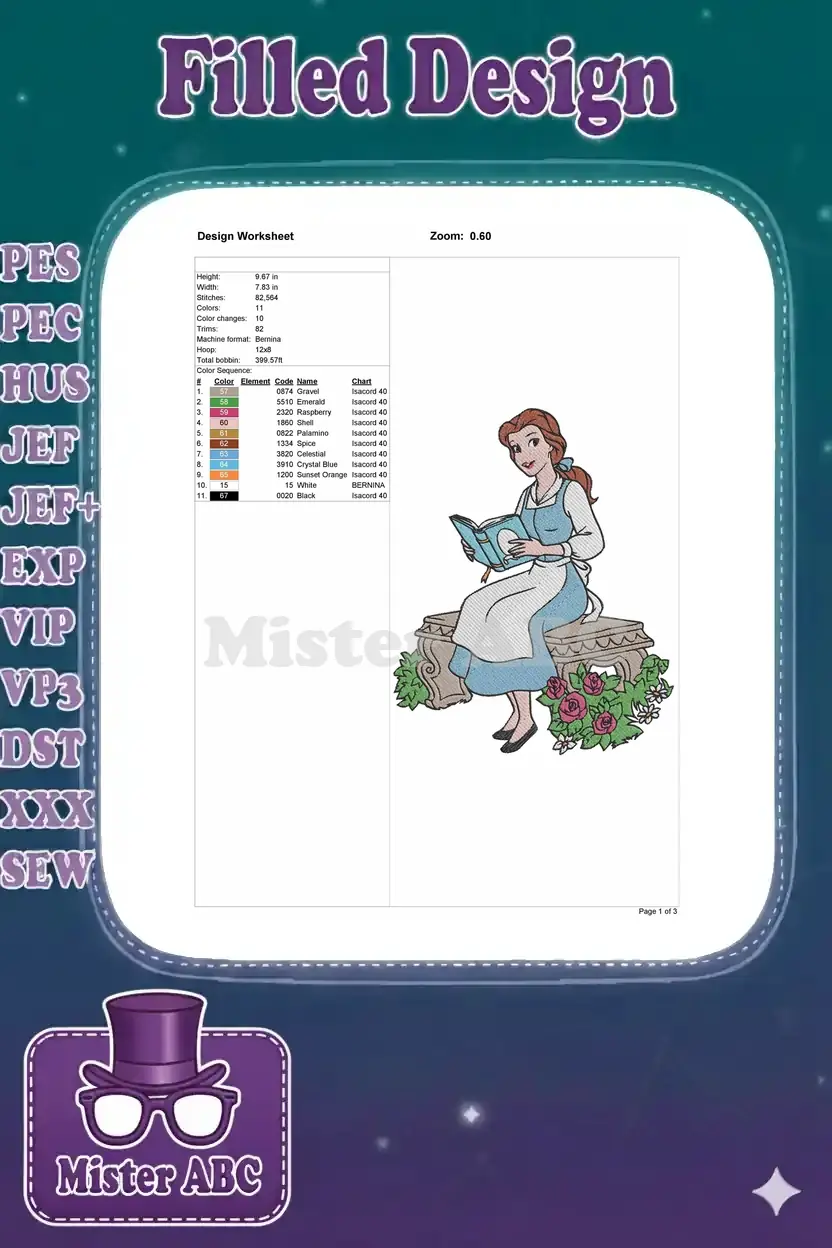 Embroidery design worksheet for Belle, detailing dimensions, stitch count, color changes, and thread chart.