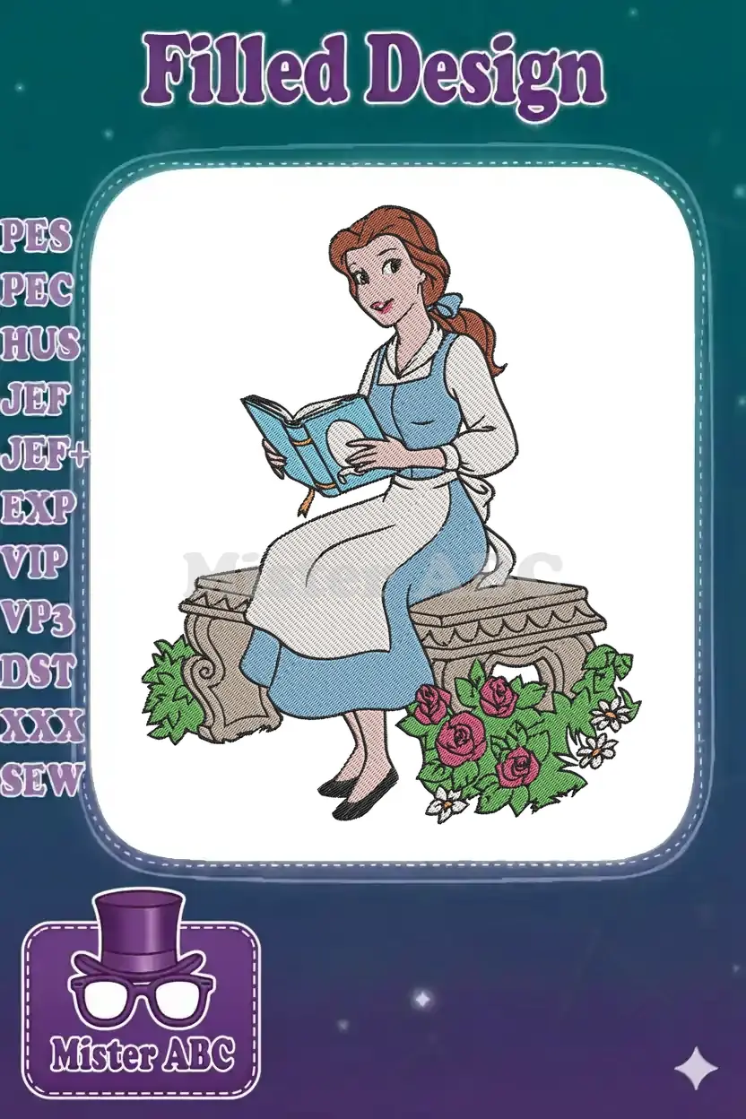 Enchanting Belle embroidery design, featuring the beloved princess in her blue dress, engrossed in a book.