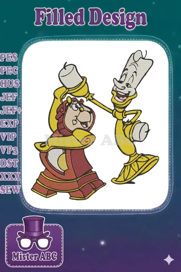 Cogsworth and Lumiere embroidery design, vibrant colors, detailed stitching, iconic Disney characters in action.