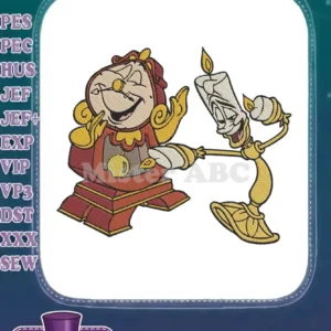 Cogsworth and Lumiere, the iconic clock and candelabra, depicted in a detailed embroidery design.